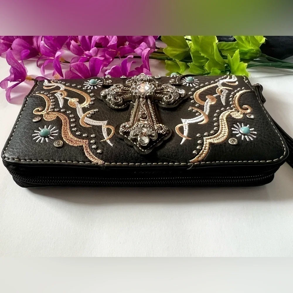 Black Embellished Cross Wristlet Wallet - Decorative Western Style